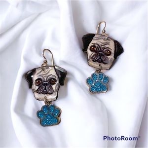 Handpainted pug dogs earrings sterling wires w little metal paw charm